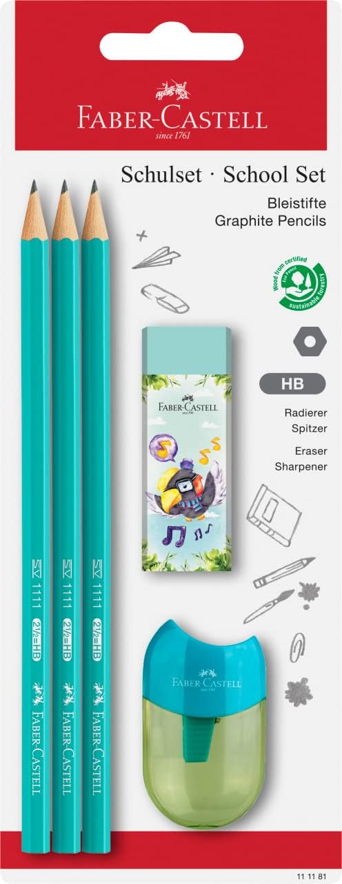 Faber-Castell 3 x Graphite Pencil School Set, 1 x Happy Jungle Eraser and 1 x Quality Sharpening Box - HB - Random Pencil Colour on purchase