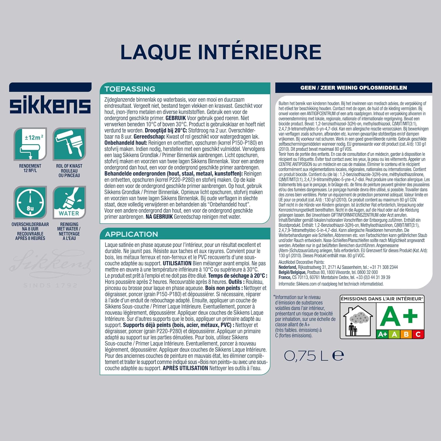 Sikkens Binnenlak - Zijdeglans - Warm Grijs - 0.75L