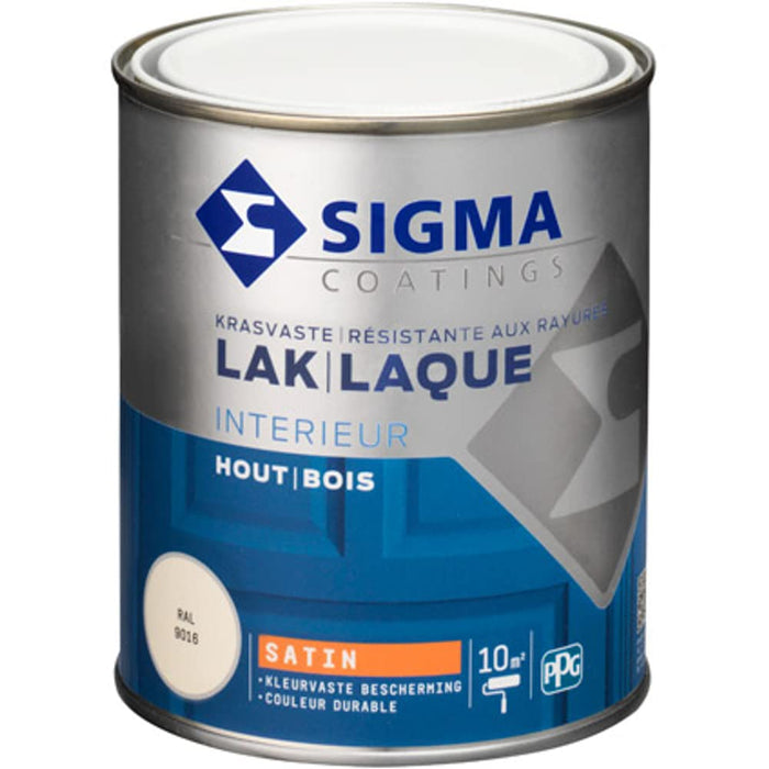 Sigma Houtlak Interieur Zijdeglans - Kras- & Slijtvast - Droog Na 1 Uur - Ral 9016 - Wit - 0.75L