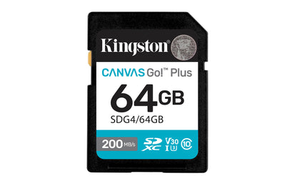 Kingston Canvas Go Plus SDXC Memory Card Gen4 200MB/s C10 UHS-I U3 V30 64GB-SDG4/