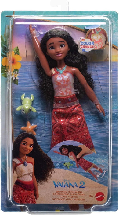 Mattel Disney Vaiana 2 Toys Tautai Vaiana Swimming Fashion Doll with Two Accessories Color Changing Top and Kicking Legs, Inspired by the Movie, JFF09