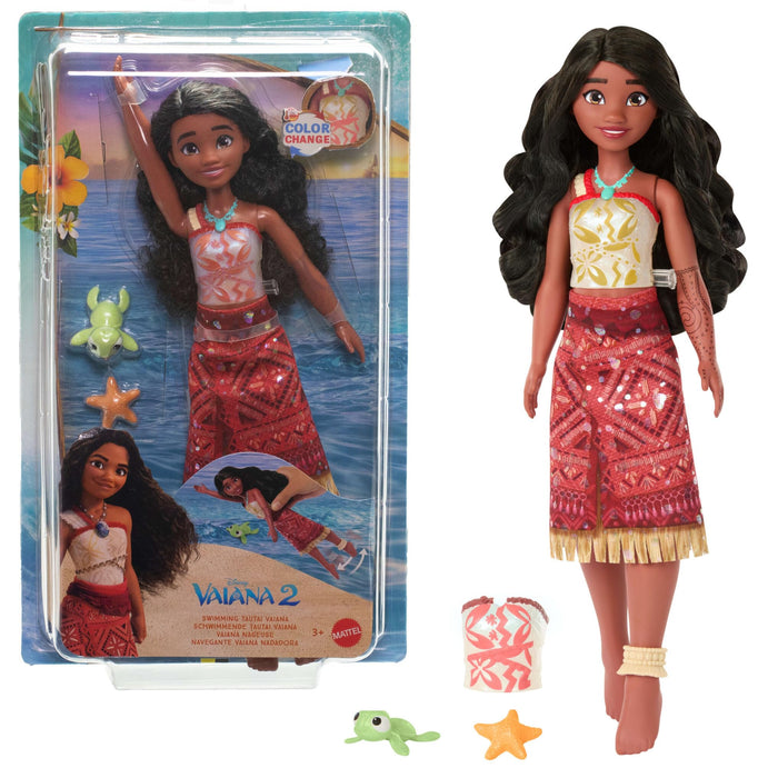 Mattel Disney Vaiana 2 Toys Tautai Vaiana Swimming Fashion Doll with Two Accessories Color Changing Top and Kicking Legs, Inspired by the Movie, JFF09