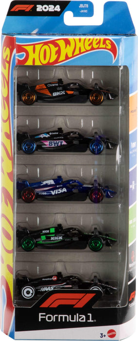 Hot Wheels Spielzeugautos Formel 1 im 5er-Pack, Set aus 5 Die-Cast-Fahrzeugen im Maßstab 1:64 mit F1 Racing Team-Dekorationen, Rennautos zum Sammeln, JGF58