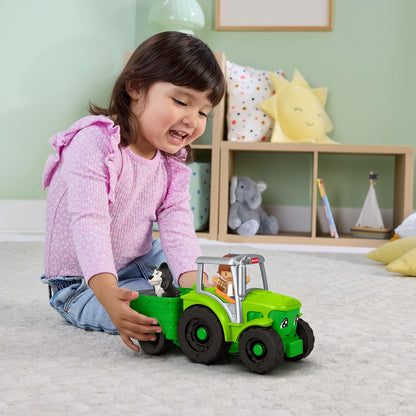 Fisher-Price Little People, Peuterspeelgoed, Tractor om voort te duwen, muzikaal boerderijvoertuig met 2 figuren voor fantasiespel, vanaf 1 jaar, JGX12
