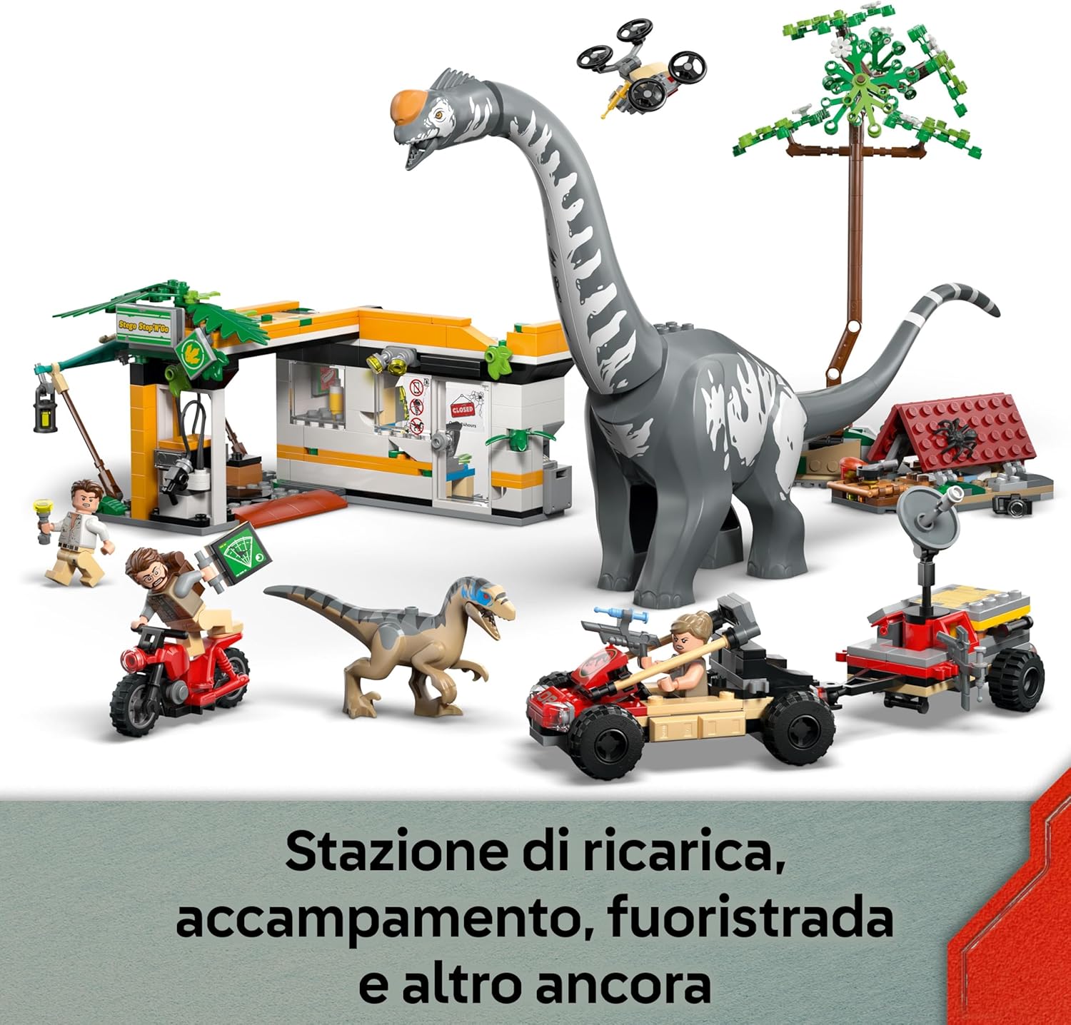 LEGO Jurassic World Alla Ricerca del Raptor e del Titanosauro - Con 2 Figure di Dinosauro Giocattolo, un Fuoristrada, una Moto e 3 Minifigure - Regalo per Bambini e Bambine da 7 Anni in su - 76973