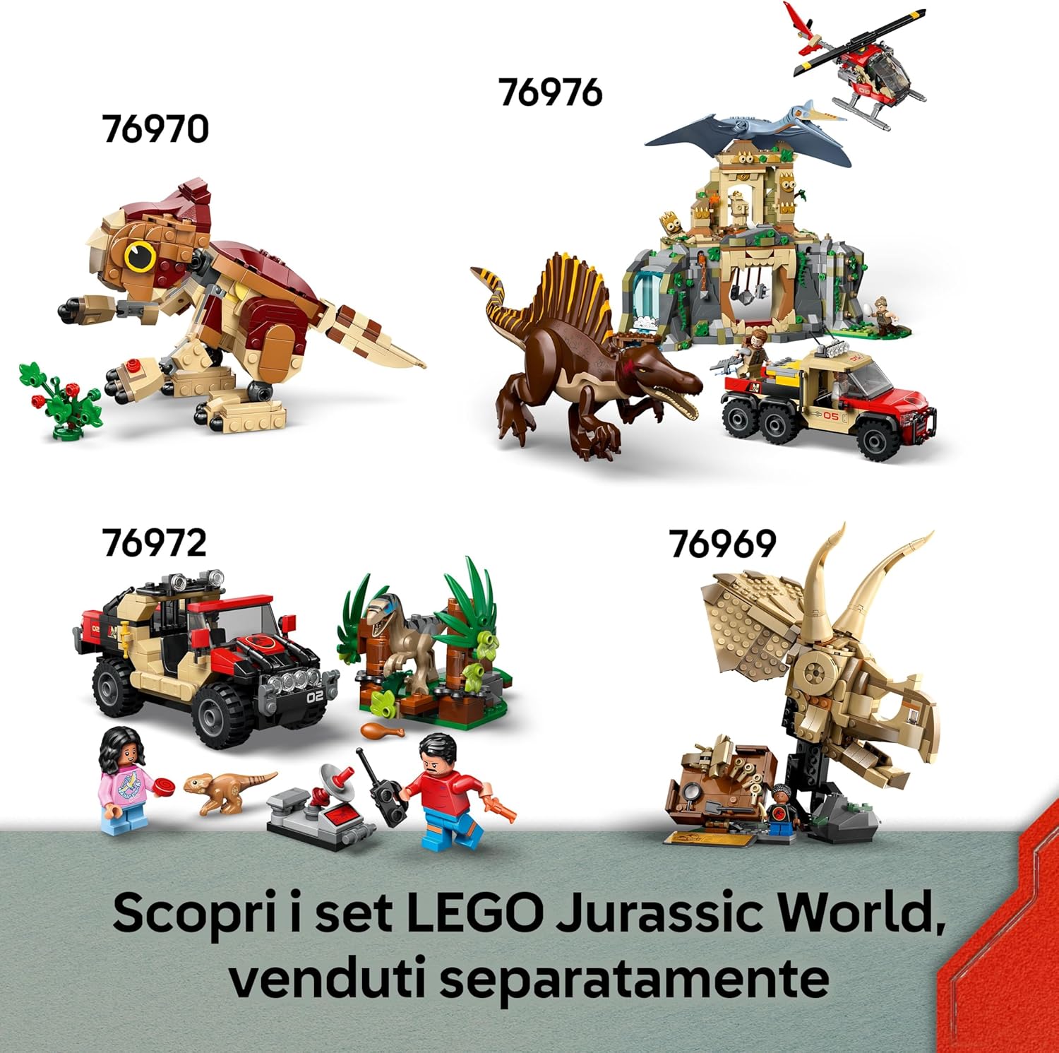 LEGO Jurassic World Alla Ricerca del Raptor e del Titanosauro - Con 2 Figure di Dinosauro Giocattolo, un Fuoristrada, una Moto e 3 Minifigure - Regalo per Bambini e Bambine da 7 Anni in su - 76973
