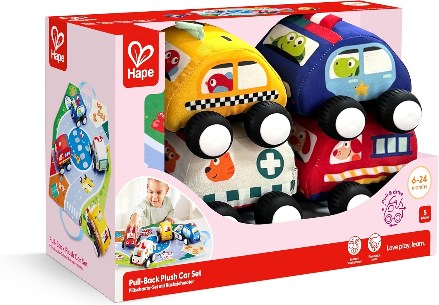 Hape Pull-Back Plush Car Set, Soft Material, Easy-to-Grip for Crawling & Scooting, 6M+
