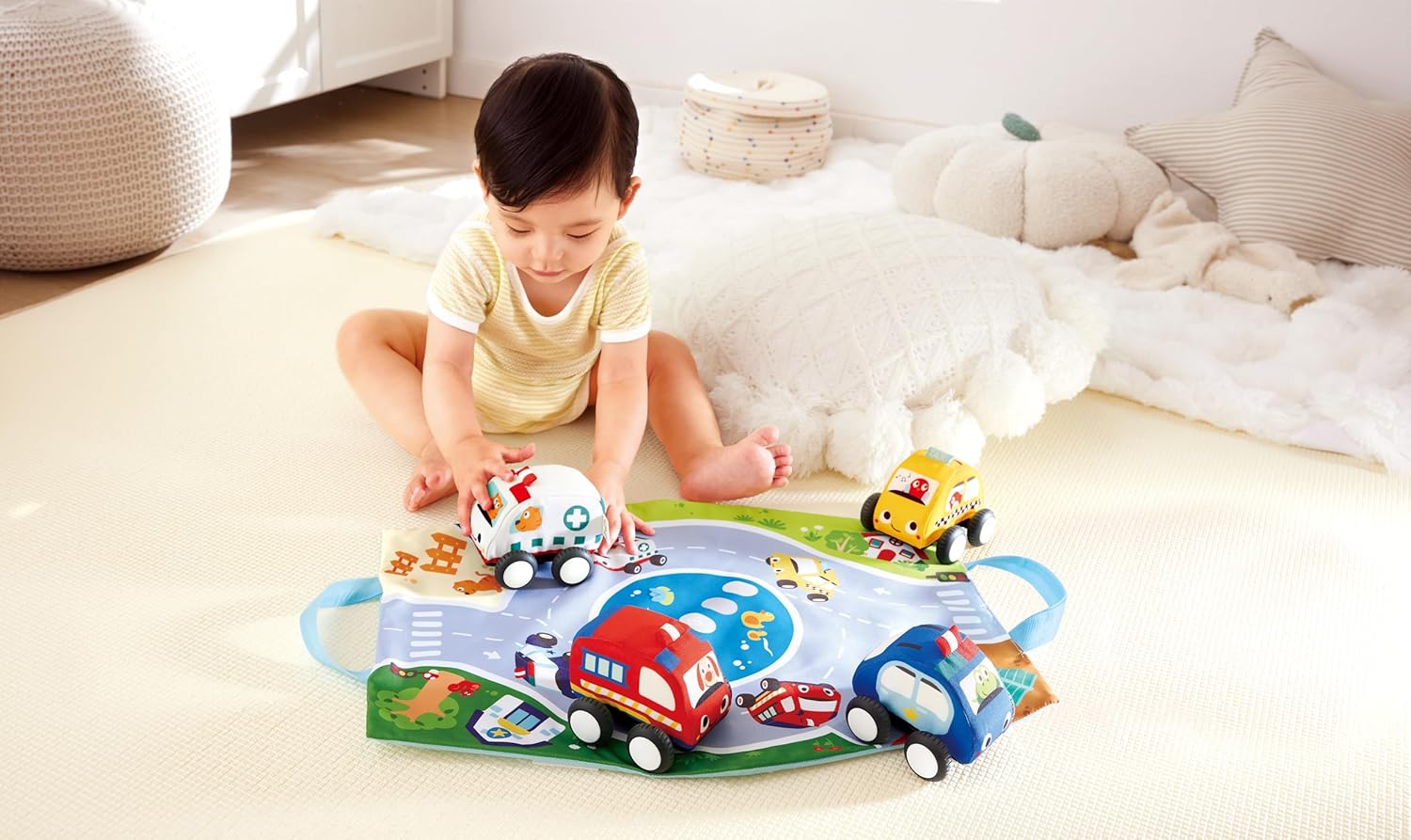 Hape Pull-Back Plush Car Set, Soft Material, Easy-to-Grip for Crawling & Scooting, 6M+