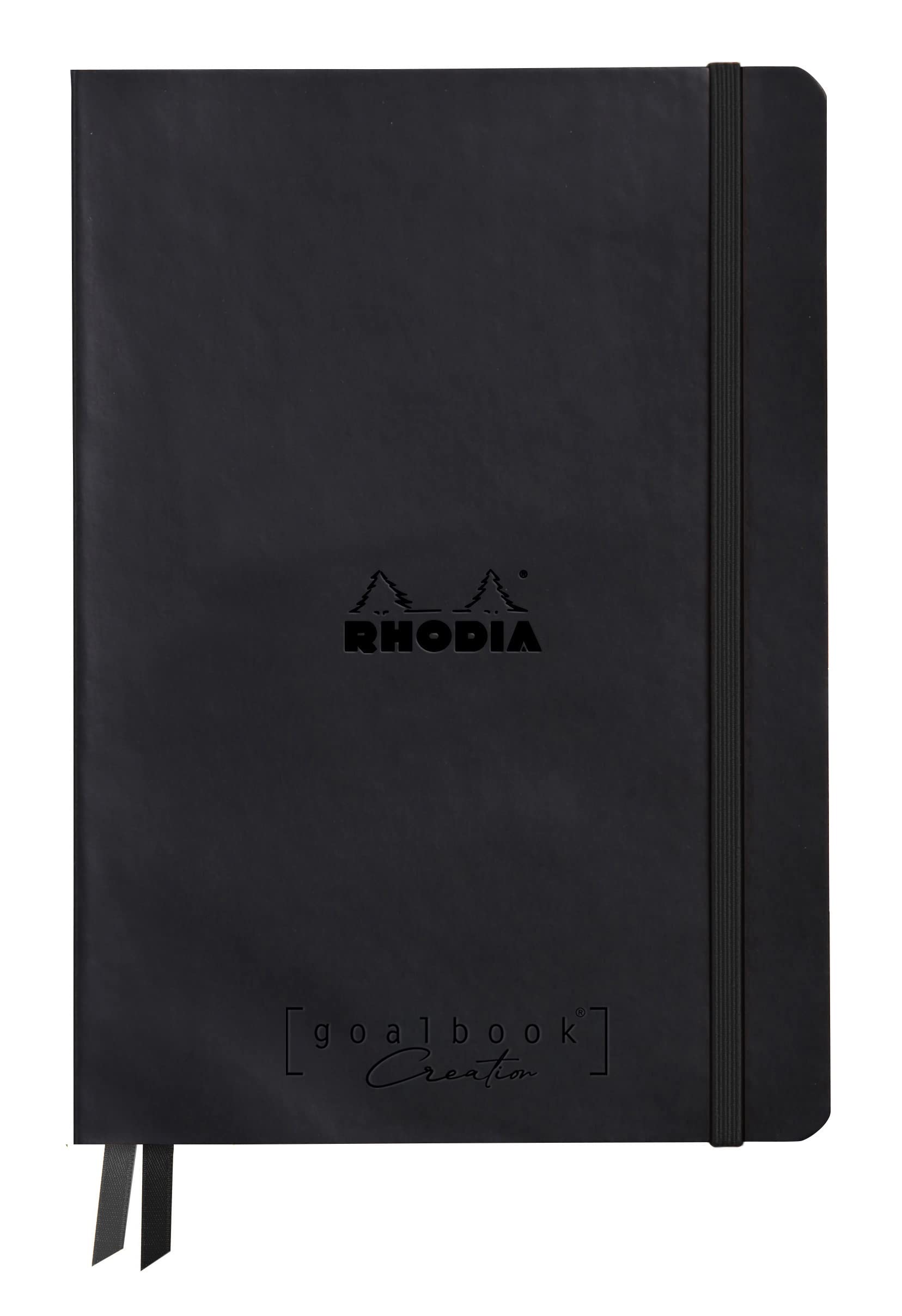 RHODIA 194440C - Bullet Journal Goalbook Creation Black Rigid Notebook - A5 15.5x21x2 cm - Dotted Dot - 160 pages Clairefontaine Maya Smooth Black Paper 120 g/m - 2 Ribbons - Faux Leather Cover