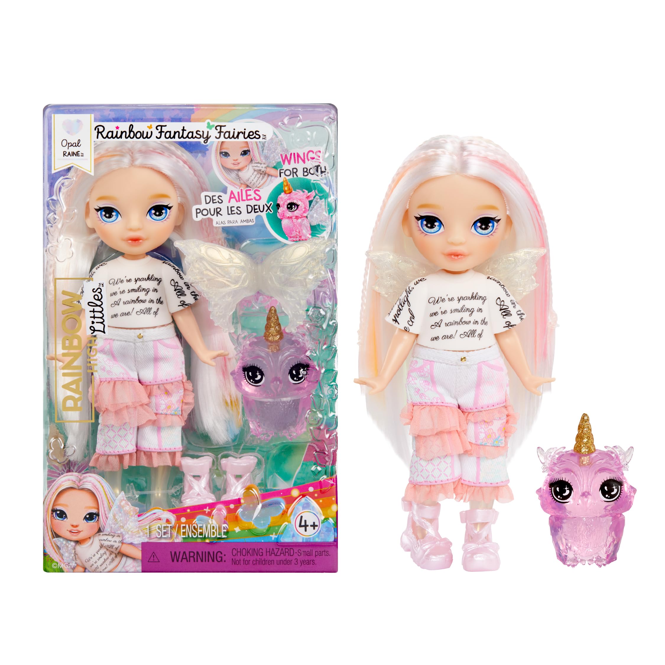 Rainbow High Littles Rainbow Fantasy Fairies & Pet - Opal, Rainbow - 14cm Posable Small Doll & Fantasy Owl Pet with Interchangeable Fairy Wings, Cute Present for Children 4+