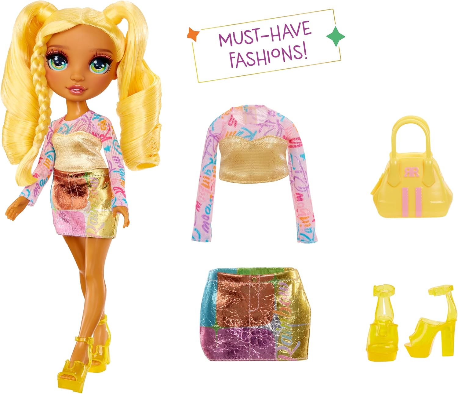 RAINBOW HIGH My Fashion Style Doll - Sunny - Muñeca de Moda de 28 cm de Color Arco Iris con Conjunto Llamativo y Bolso Elegante, Juego, Posable, Coleccionable, para Niños de 4 a 12 Años o Más