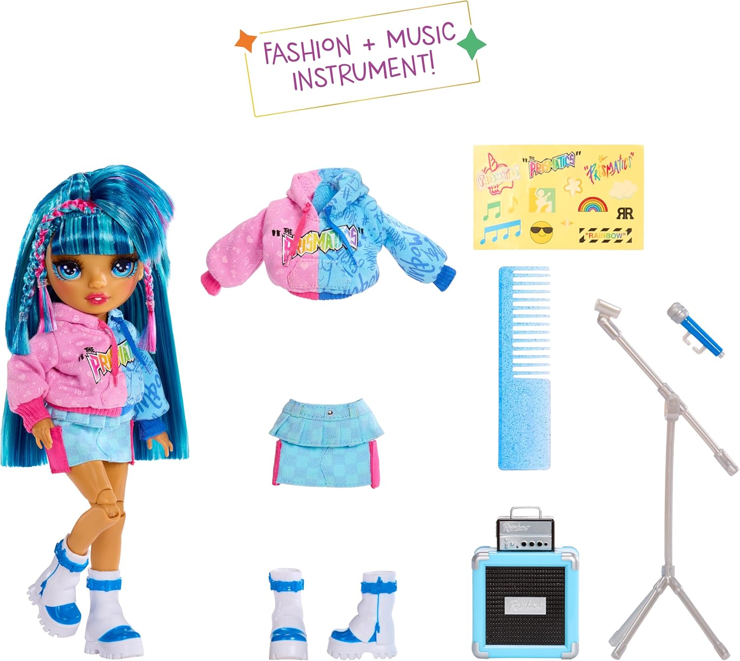 Rainbow High Junior High Rock Band - Skyler, Blue - 23cm Fashion Doll with a Microphone, a Mic Stand, and an Amp, Customise with Stickers, Posable, Cute Toys for Children Ages 4+