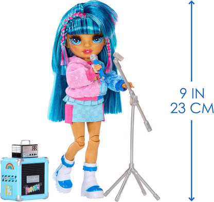 Rainbow High Junior High Rock Band - Skyler, Blue - 23cm Fashion Doll with a Microphone, a Mic Stand, and an Amp, Customise with Stickers, Posable, Cute Toys for Children Ages 4+