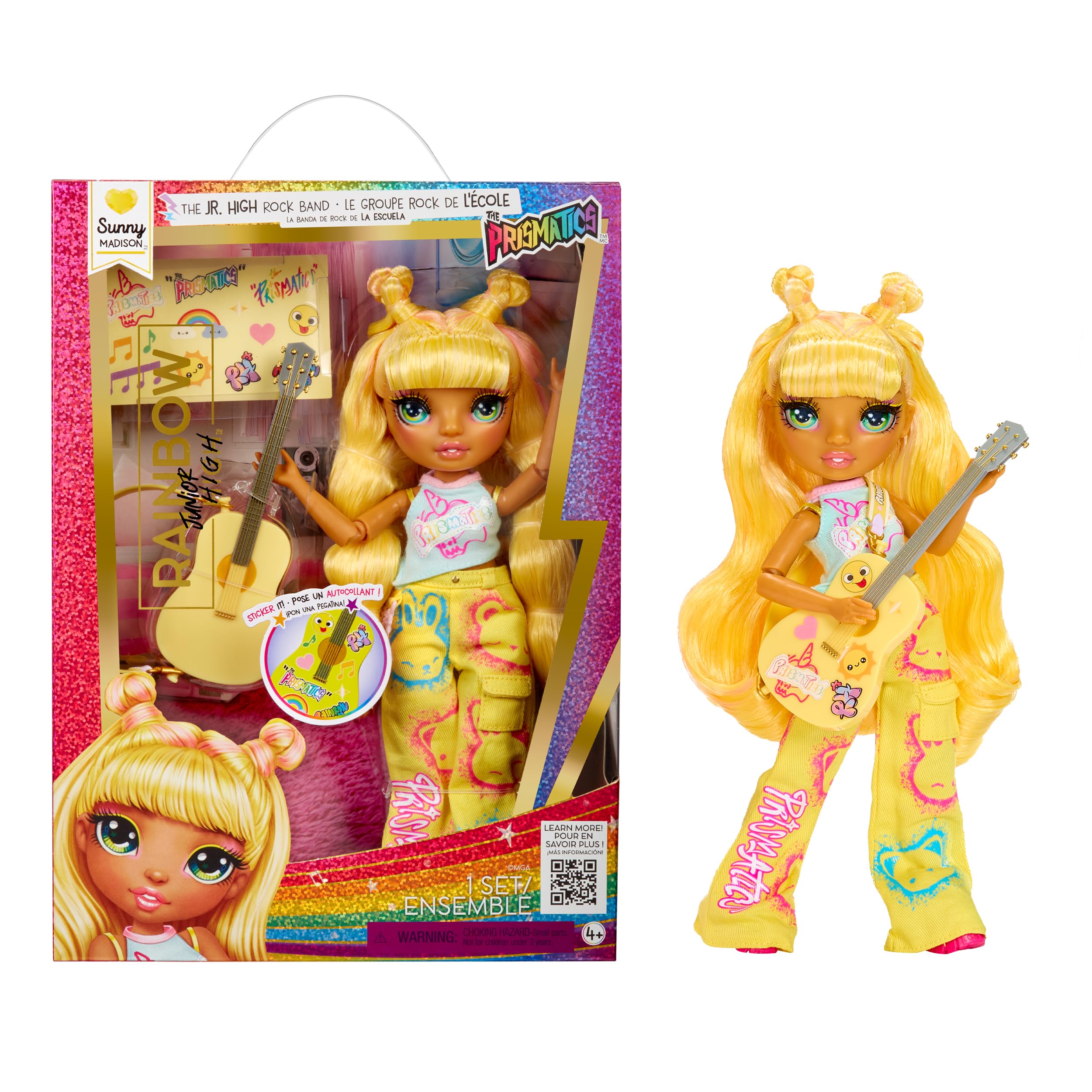 Rainbow High Junior High Rock Band - Zonnig, Geel - 23cm Fashion Pop met een Gitaar, Versierbaar met Stickers, Posable, Schattig Speelgoed voor Kinderen vanaf 4+
