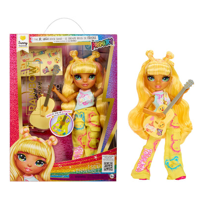 Rainbow High Junior High Rock Band - Zonnig, Geel - 23cm Fashion Pop met een Gitaar, Versierbaar met Stickers, Posable, Schattig Speelgoed voor Kinderen vanaf 4+