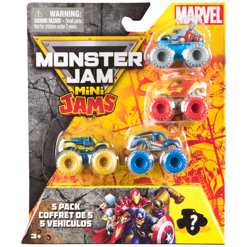 Monster Jam, Marvel Official Mini 5-Pack with Mystery Collectible Monster Truck, 1:87 Scale, Surprise Kids Toys for Boys and Girls Ages 3 and up