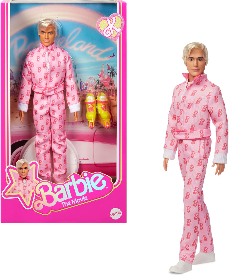 Barbie The Movie Ken Collectible Doll, Ryan Gosling as Ken Wearing Pink Jumpsuit with “B” Detail With White Sneakers and MultiColor Roller Skates, JCP80