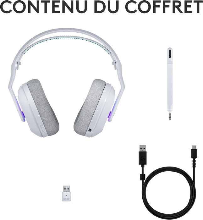 Logitech G G522 LIGHTSPEED draadloze gaming headset, LIGHTSYNC RGB, microfoon en geavanceerde gesynchroniseerde audio, drievoudige connectiviteit - LIGHTSPEED, Bluetooth, USB-A naar USB-C voor pc-Wit