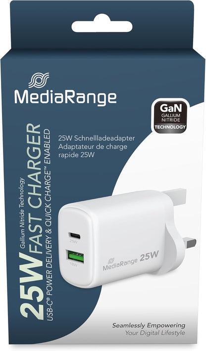 MediaRange 25W GaN Fast Charging Adapter (UK Plug), 1x USB-C and 1x USB-A, Supports USB-C® Power Delivery and Quick Charge™, White
