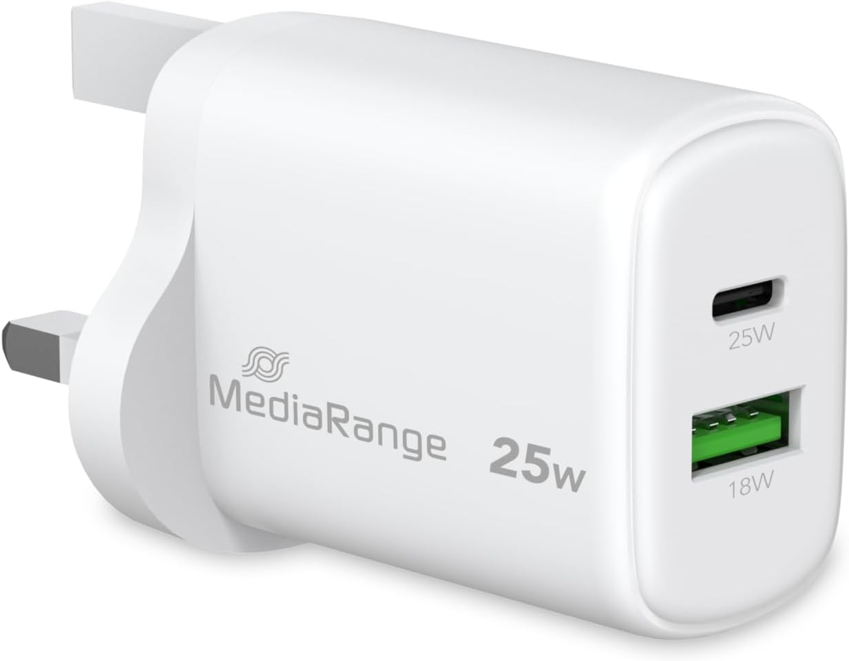 MediaRange 25W GaN Fast Charging Adapter (UK Plug), 1x USB-C and 1x USB-A, Supports USB-C® Power Delivery and Quick Charge™, White
