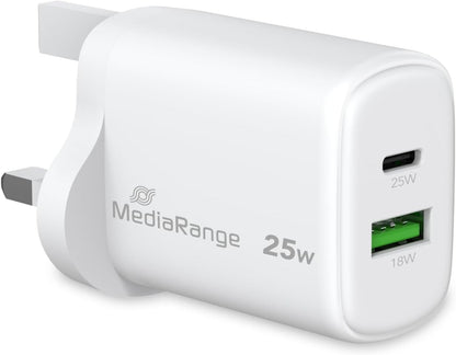 MediaRange 25W GaN Fast Charging Adapter (UK Plug), 1x USB-C and 1x USB-A, Supports USB-C® Power Delivery and Quick Charge™, White