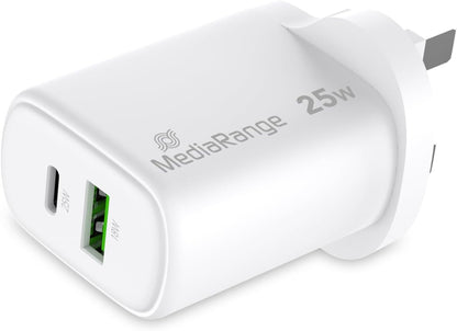 MediaRange 25W GaN Fast Charging Adapter (UK Plug), 1x USB-C and 1x USB-A, Supports USB-C® Power Delivery and Quick Charge™, White