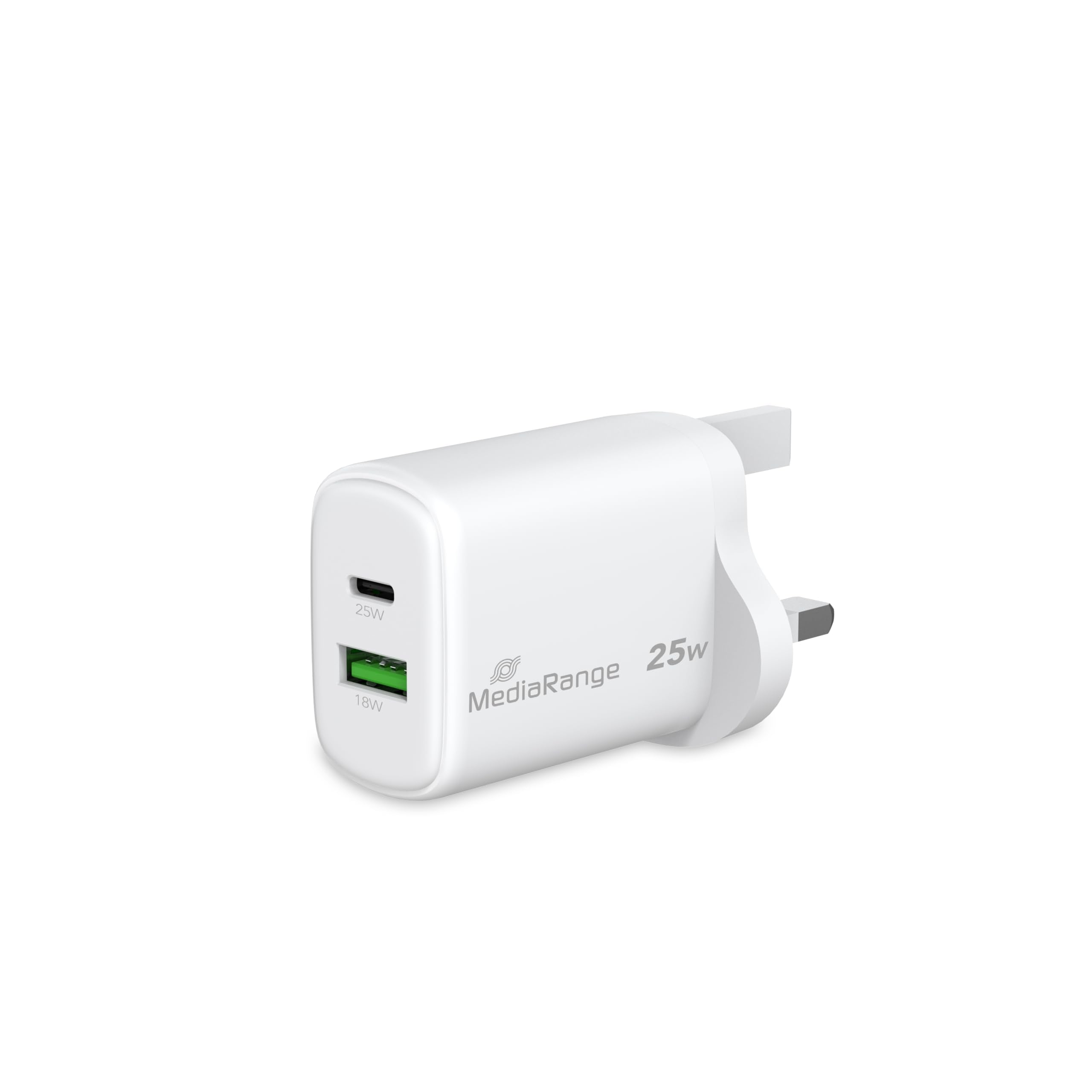 MediaRange 25W GaN Fast Charging Adapter (UK Plug), 1x USB-C and 1x USB-A, Supports USB-C® Power Delivery and Quick Charge™, White