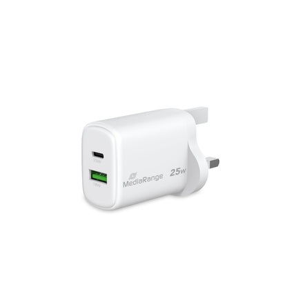 MediaRange 25W GaN Fast Charging Adapter (UK Plug), 1x USB-C and 1x USB-A, Supports USB-C® Power Delivery and Quick Charge™, White
