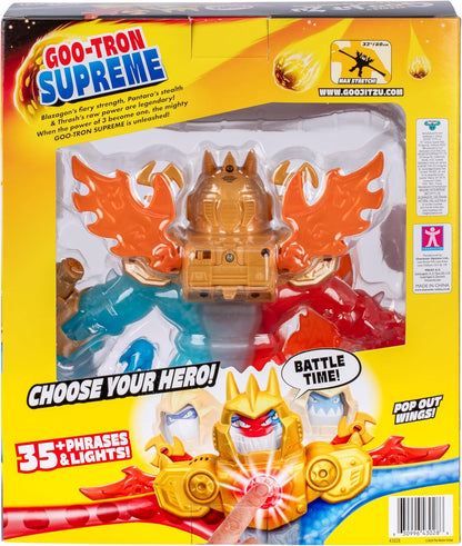 Heroes of Goo Jit Zu Goo-Tron Supreme Combines The Power Of Blazagon, Pantaro & Thrash In 1 Ultimate Hero.
