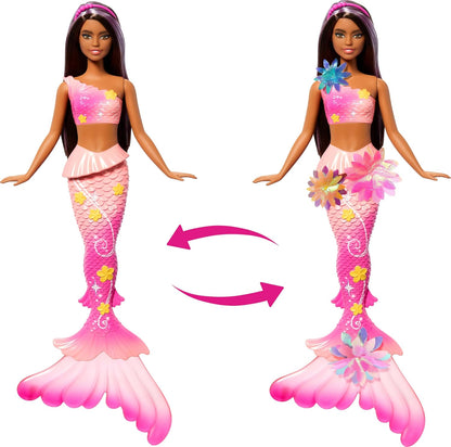 Barbie Muñecas de sirena con la característica de flores florecientes mágicas, colas con efecto degradado, accesorio de diadema de perlas y cabello largo castaño con mechas moradas, JDM73