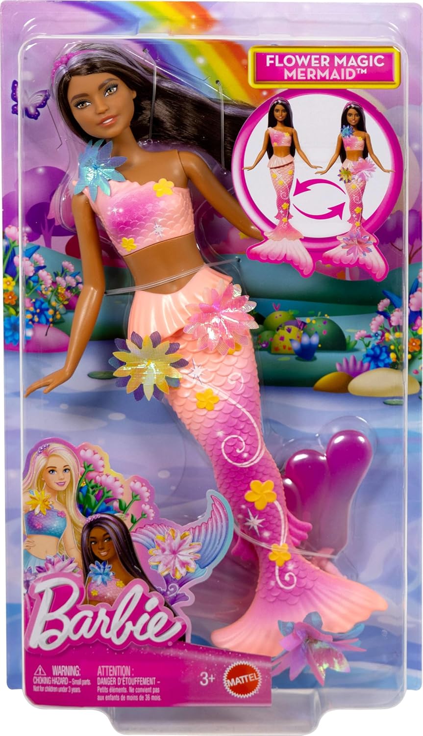 Barbie Muñecas de sirena con la característica de flores florecientes mágicas, colas con efecto degradado, accesorio de diadema de perlas y cabello largo castaño con mechas moradas, JDM73