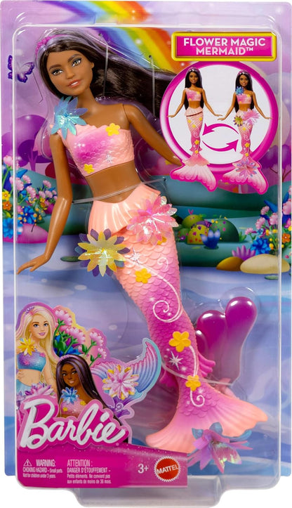 Barbie Muñecas de sirena con la característica de flores florecientes mágicas, colas con efecto degradado, accesorio de diadema de perlas y cabello largo castaño con mechas moradas, JDM73