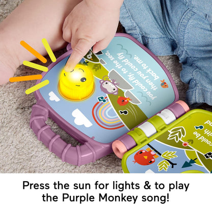 Fisher-Price Baby Toy Purple Monkey Musical Storybook with Lights & Sounds for Infants & Toddlers Ages 6+ Months, JFC75