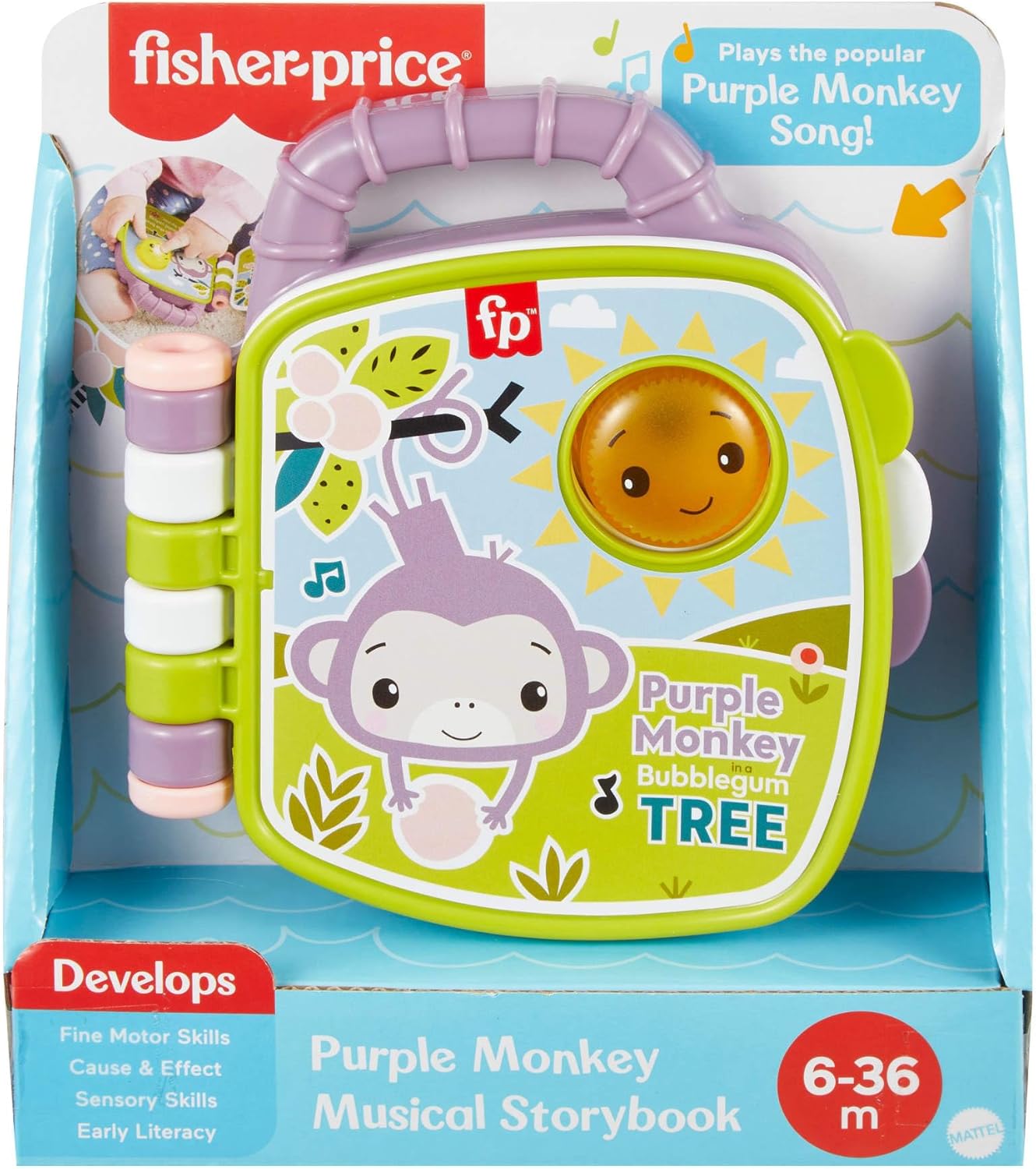 Fisher-Price Baby Toy Purple Monkey Musical Storybook with Lights & Sounds for Infants & Toddlers Ages 6+ Months, JFC75