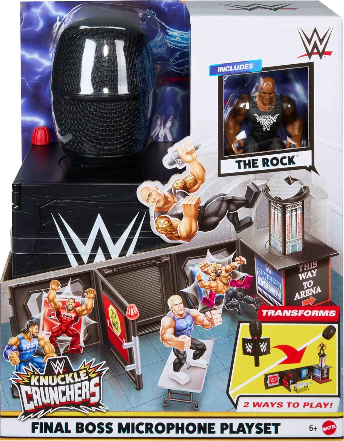 Mattel WWE Knuckle Crunchers 2-in-1 Microphone & Playset with Action Figure & 2 Accessories, Final Boss Set with 3.25-inch The Rock