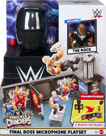 Mattel WWE Knuckle Crunchers 2-in-1 Microphone & Playset with Action Figure & 2 Accessories, Final Boss Set with 3.25-inch The Rock