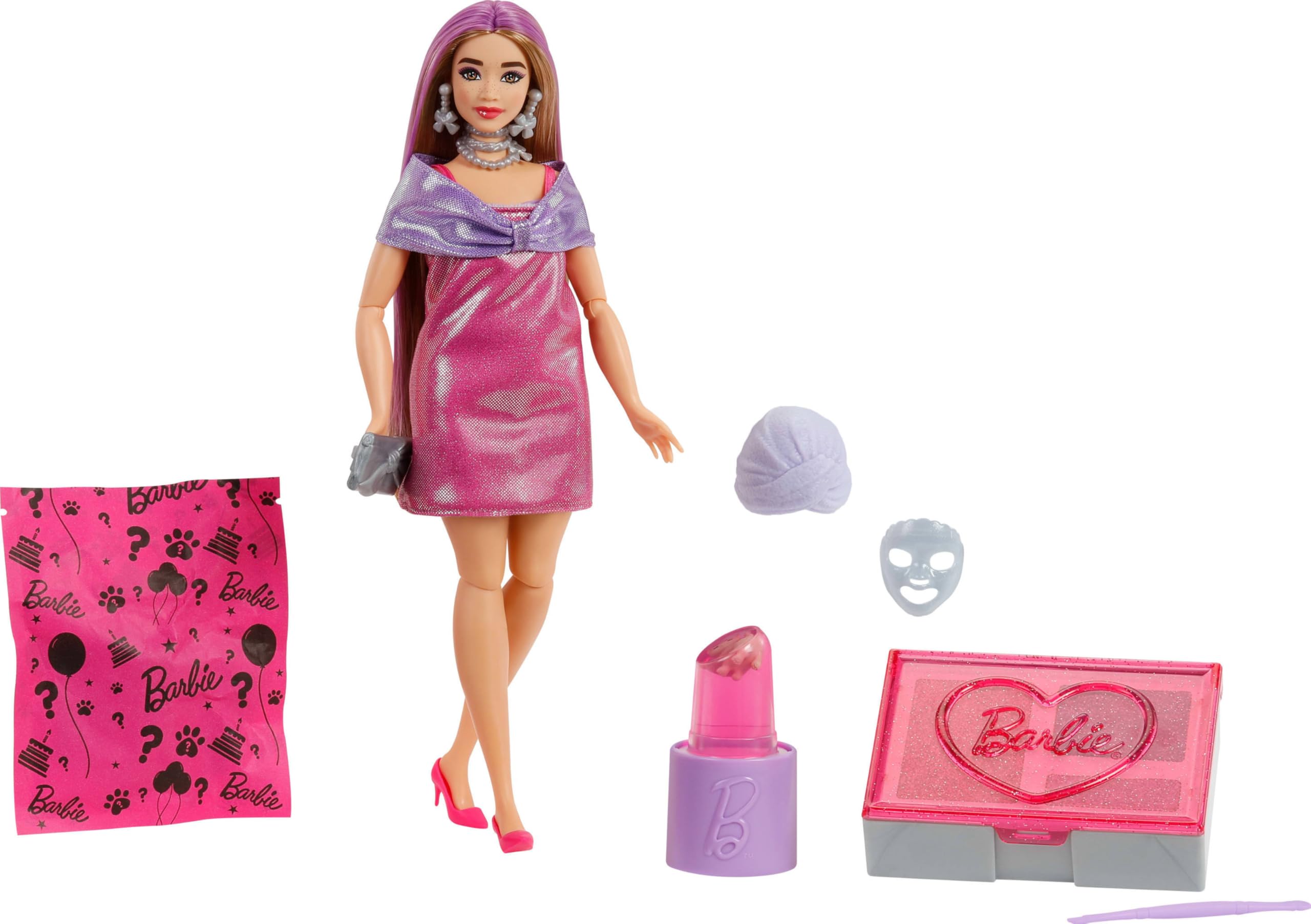 Barbie Uitpakparty Pop en Accessoires, Chic Feestje Serie met 10 Verrassingen, Waaronder Kleurverandering, Pop met Roze Glitters, JFY67