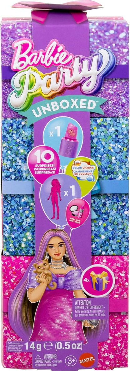 Barbie Uitpakparty Pop en Accessoires, Chic Feestje Serie met 10 Verrassingen, Waaronder Kleurverandering, Pop met Roze Glitters, JFY67