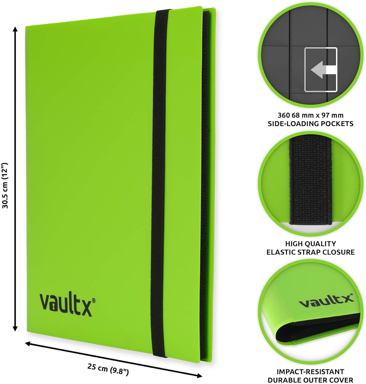 Vault X 9 Pocket Trading Card Strap Binder, 360 cards, Standard, 20 Side-Loading Pages, Folder for Collectible Card Games, Sports, TCG (Green