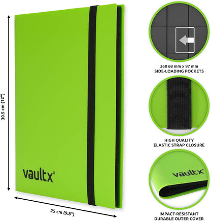 Vault X 9 Pocket Trading Card Strap Binder, 360 cards, Standard, 20 Side-Loading Pages, Folder for Collectible Card Games, Sports, TCG (Green