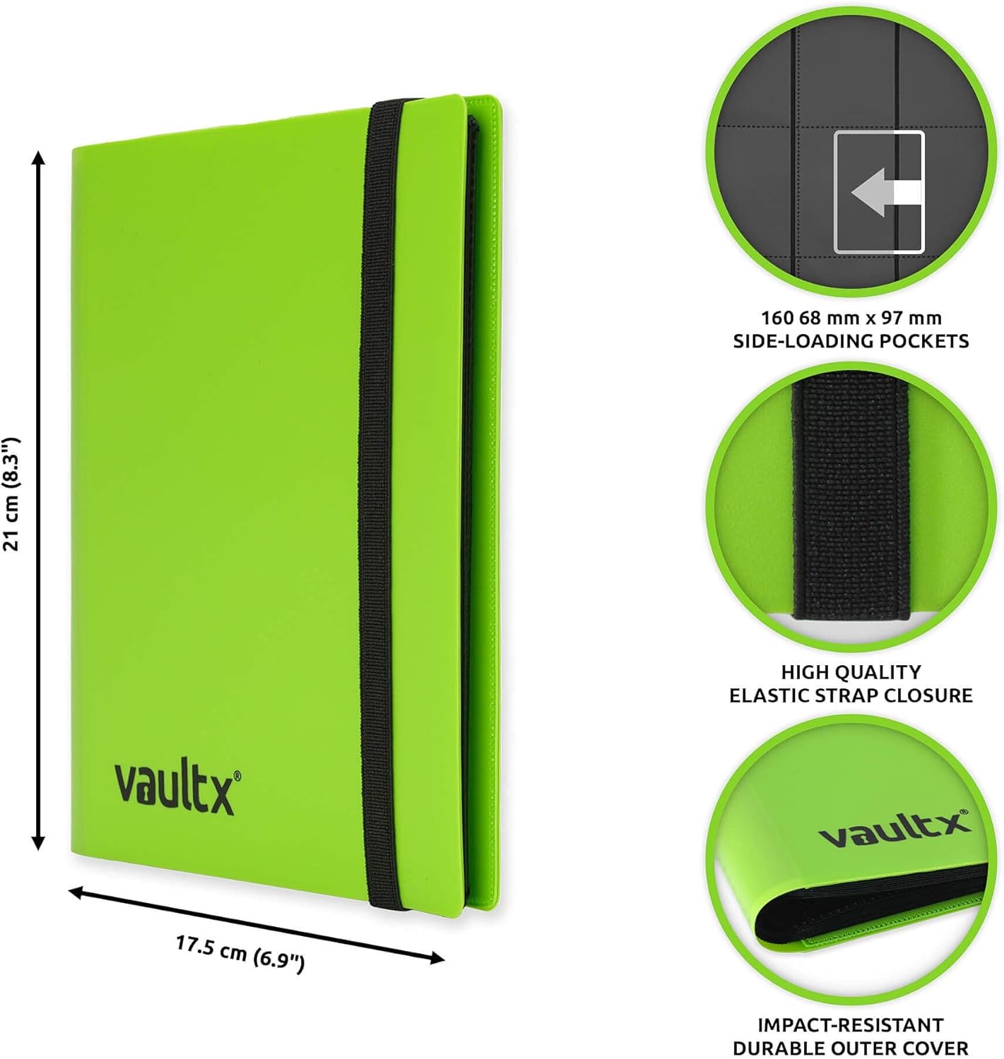 Vault X 4 Pocket Trading Card Strap Binder, 160 cards, Standard, 20 Side-Loading Pages, Folder for Collectible Card Games, Sports, TCG (Green