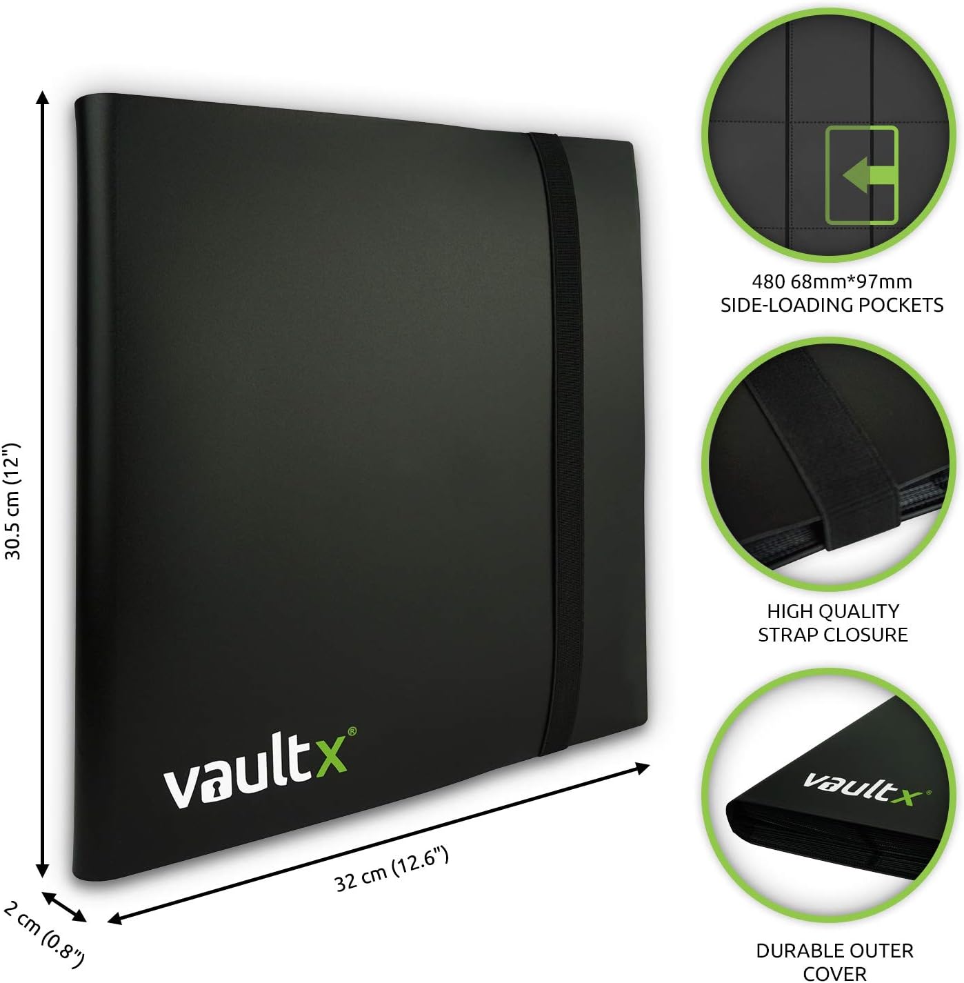 Vault X 12 Pocket Trading Card Strap Binder, 480 cards, Standard, 20 Side-Loading Pages, Folder for Collectible Card Games, Sports, TCG (Black