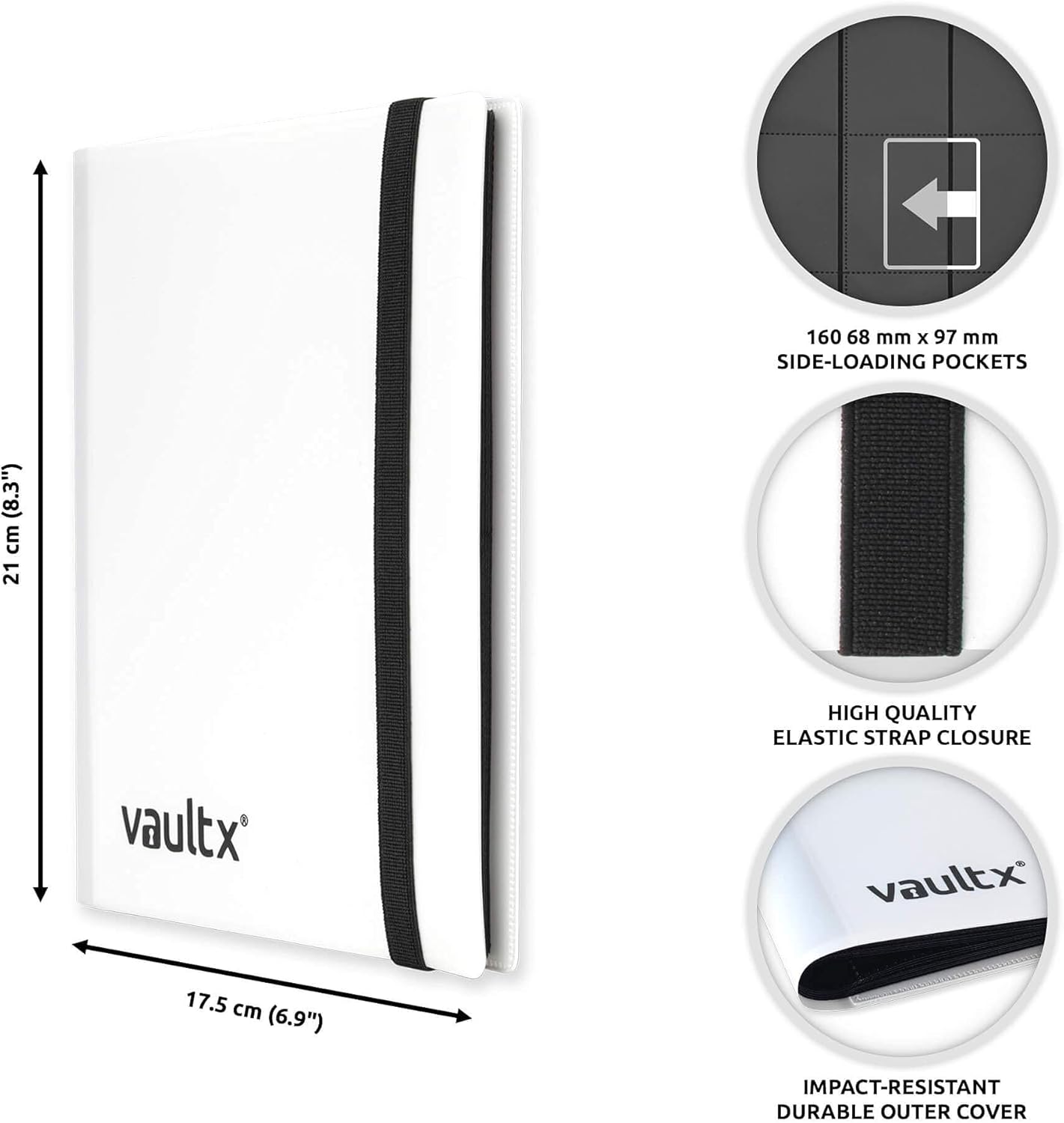 Vault X 4 Pocket Trading Card Strap Binder, 160 cards, Standard, 20 Side-Loading Pages, Folder for Collectible Card Games, Sports, TCG (White