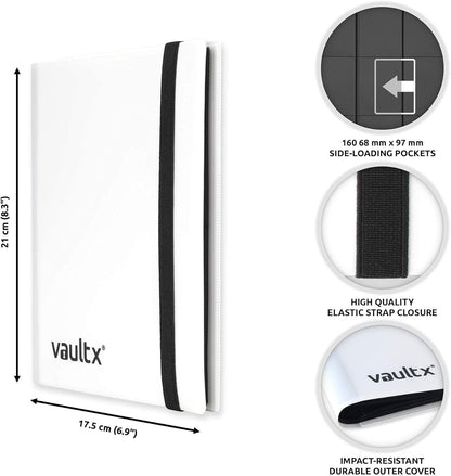 Vault X 4 Pocket Trading Card Strap Binder, 160 cards, Standard, 20 Side-Loading Pages, Folder for Collectible Card Games, Sports, TCG (White