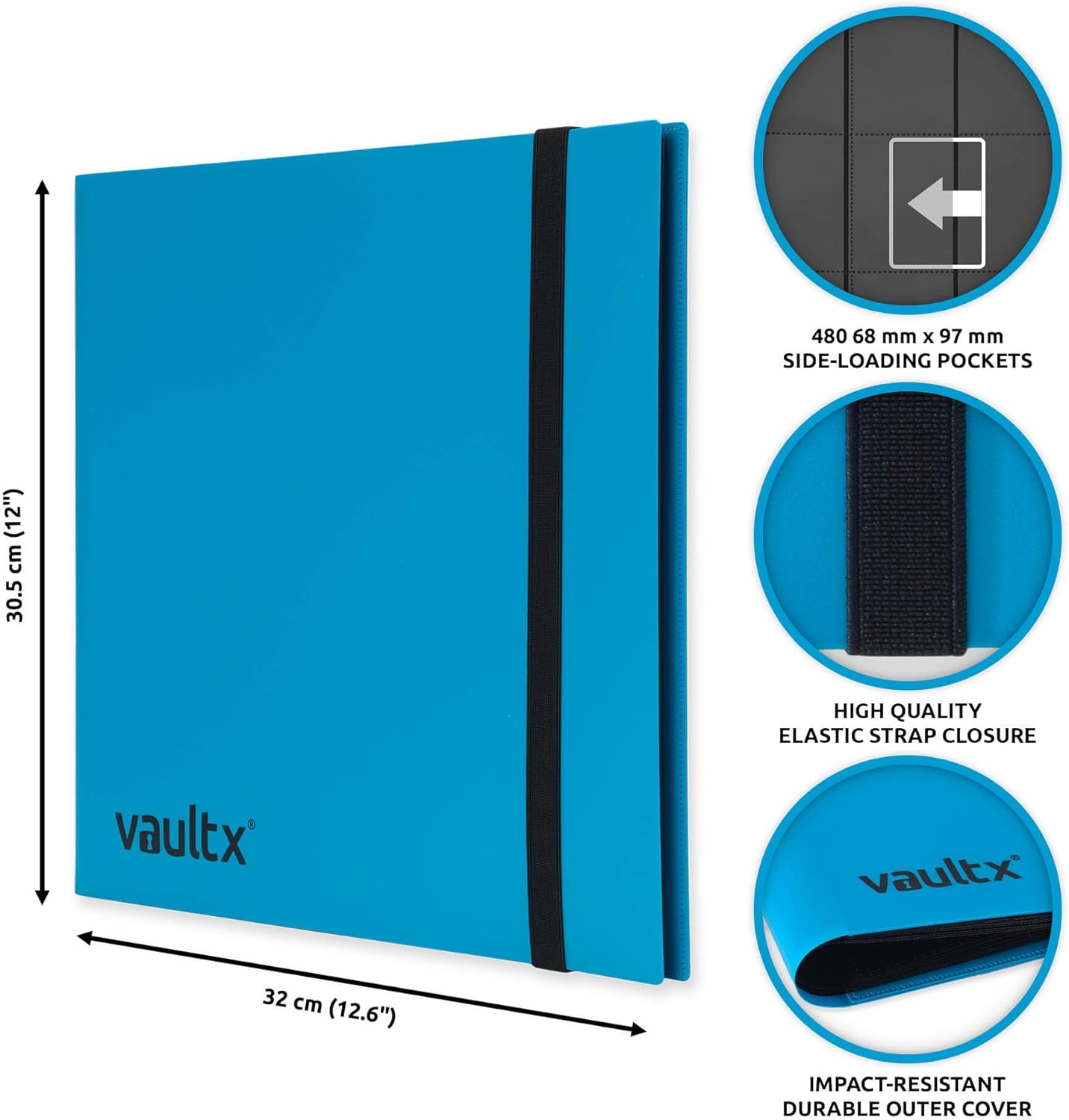 Vault X 12 Pocket Trading Card Strap Binder, 480 cards, Standard, 20 Side-Loading Pages, Folder for Collectible Card Games, Sports, TCG (Blue