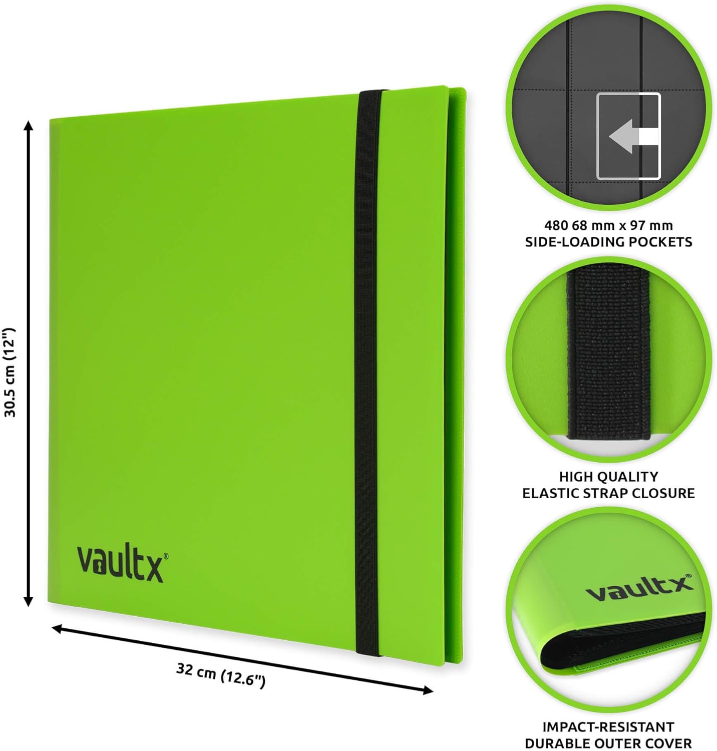 Vault X 12 Pocket Trading Card Strap Binder, 480 cards, Standard, 20 Side-Loading Pages, Folder for Collectible Card Games, Sports, TCG (Green
