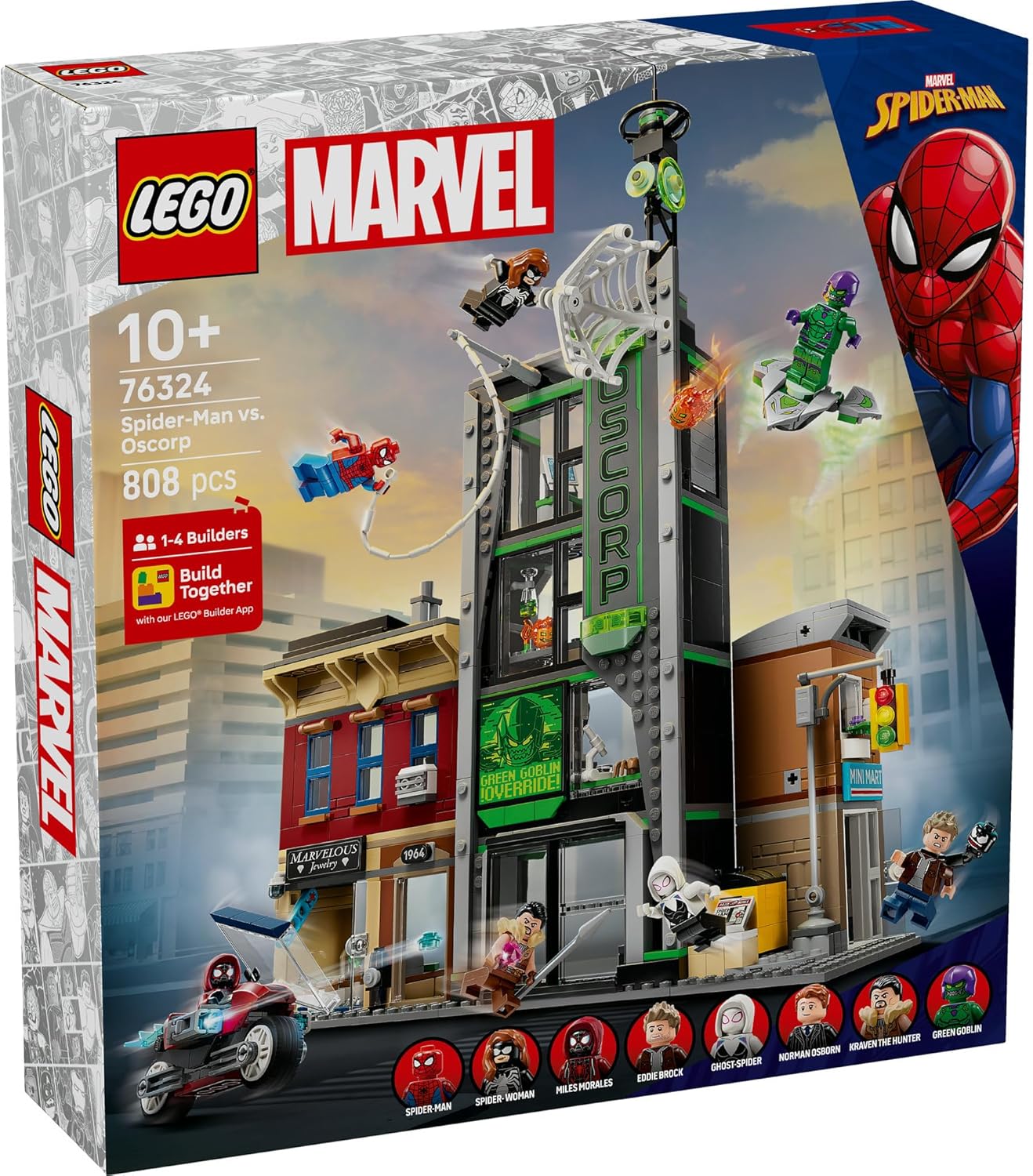 LEGO ǀ Marvel Spider-Man vs. Oscorp - Interactive Toy with a Motorbike, 8 Minifigures incl. Miles Morales & Green Goblin - Collectible Super Hero Gift for 10+ Year Old Boys & Fans - 76324