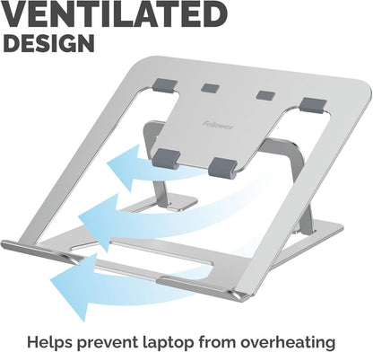 Fellowes Elevador para Portátil Alumia™ – Soporte Metálico Ergonómico y Ajustable en Altura e Inclinación – Plegable de Aluminio Reciclado – para Casa, Oficina o Trabajo Híbrido – Plata