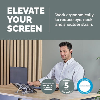 Fellowes Elevador para Portátil Alumia™ – Soporte Metálico Ergonómico y Ajustable en Altura e Inclinación – Plegable de Aluminio Reciclado – para Casa, Oficina o Trabajo Híbrido – Plata