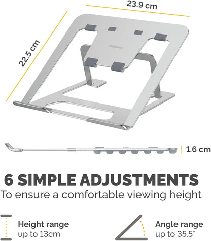 Fellowes Elevador para Portátil Alumia™ – Soporte Metálico Ergonómico y Ajustable en Altura e Inclinación – Plegable de Aluminio Reciclado – para Casa, Oficina o Trabajo Híbrido – Plata